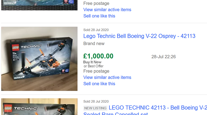 LEGO Technic 42113 Bell Boeing V-22 Osprey Helicopter selling for seven times RRP